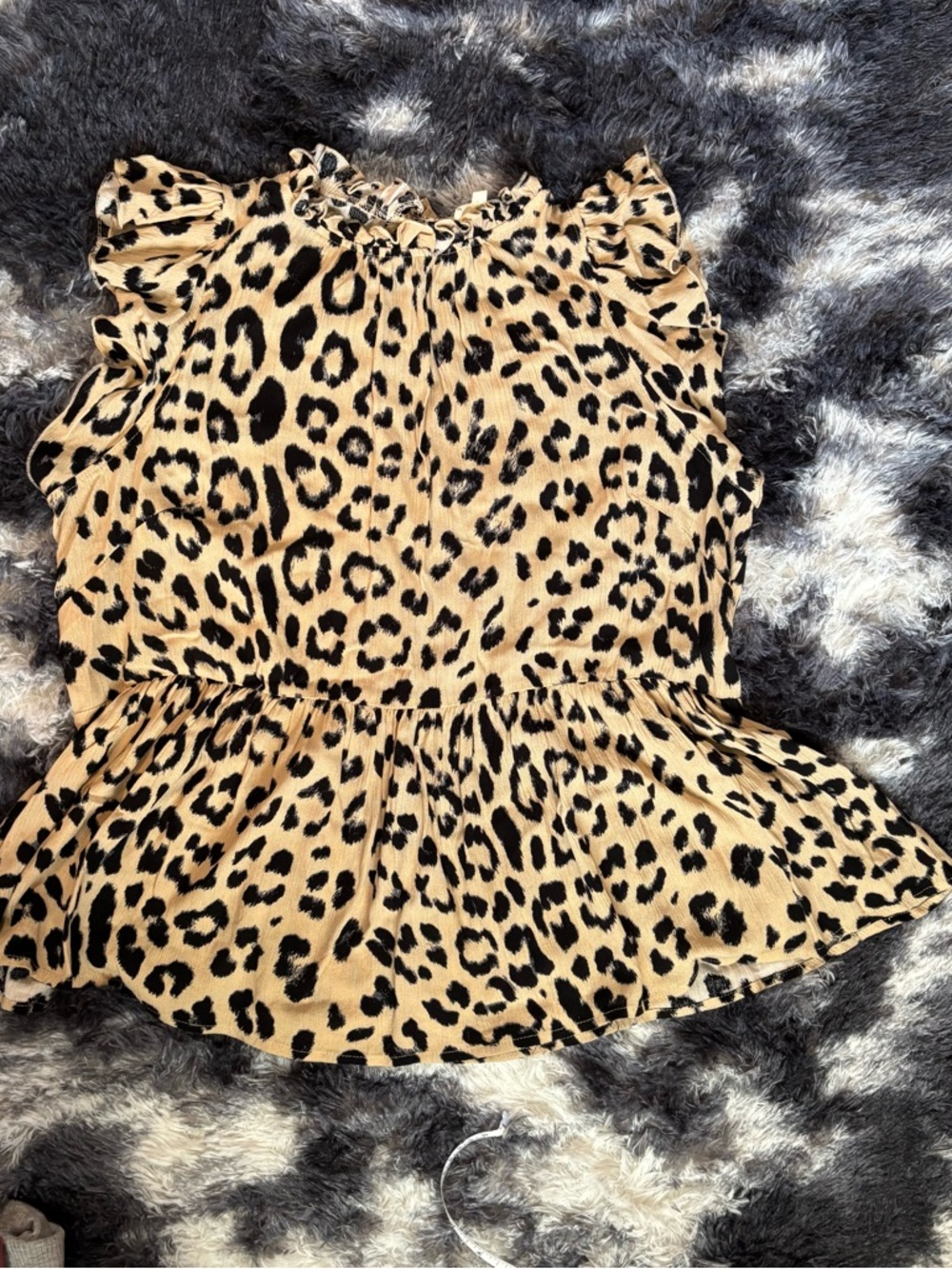 Main Strip Leopard Print Peplum Ruffle Top - Black & Tan